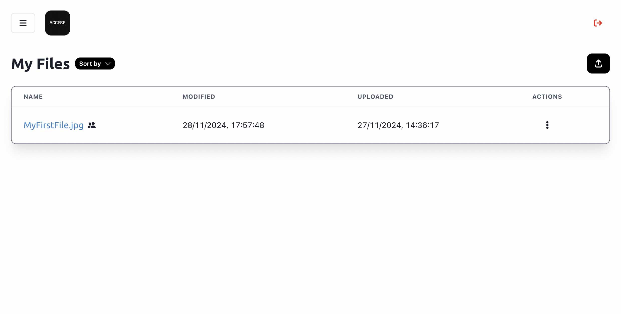 Screenshot of the Access dashboard. A website with a white background is displayed, with a black and white 'Access' logo at the top-left in monospace font. Below the logo is the heading, 'My Files'. Far right of the heading is an upload icon, indicating the button to trigger the upload popover. In the centre, a table lists all of the user's uploaded files, with last modified and uploaded date information. The table lists just one file, 'MyFile.pdf', and there's a menu button in the 'Actions' column