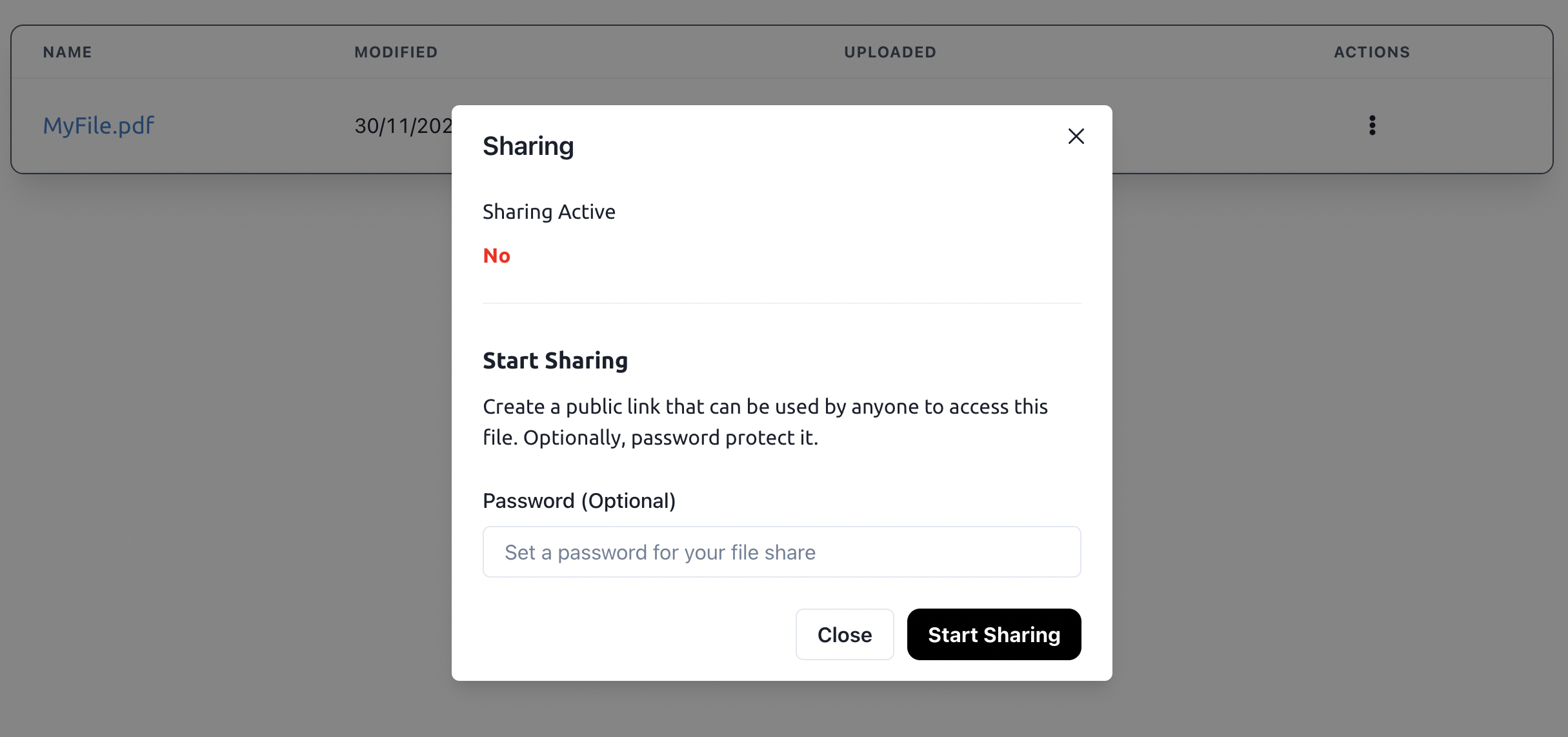 Screenshot of a popover titled 'Sharing'. Under a text 'Sharing Active', 'No' is written in bold red. Below this, a section titled 'Start Sharing' is shown, with the description 'Create a public link that can be used by anyone to access this file. Optionally, password protect it.' A text field labelled 'Password (Optional)' is below this description. A black and white 'Start Sharing' button is placed bottom-right.