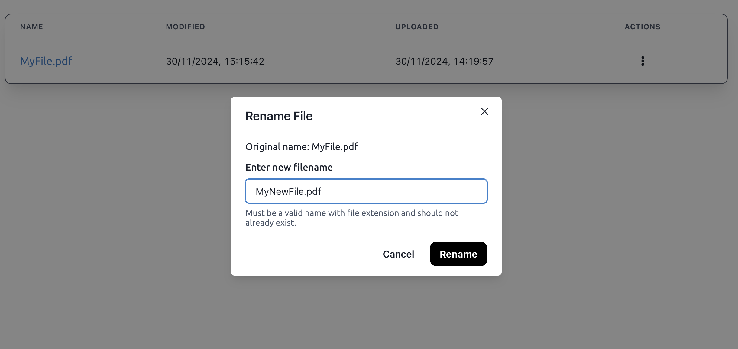 Screenshot of a popover titled 'Rename File'. The popover prompts the user to enter the new file name for 'MyFile.pdf' with a text field. A black and white 'Rename' button in black and white is placed bottom-right.