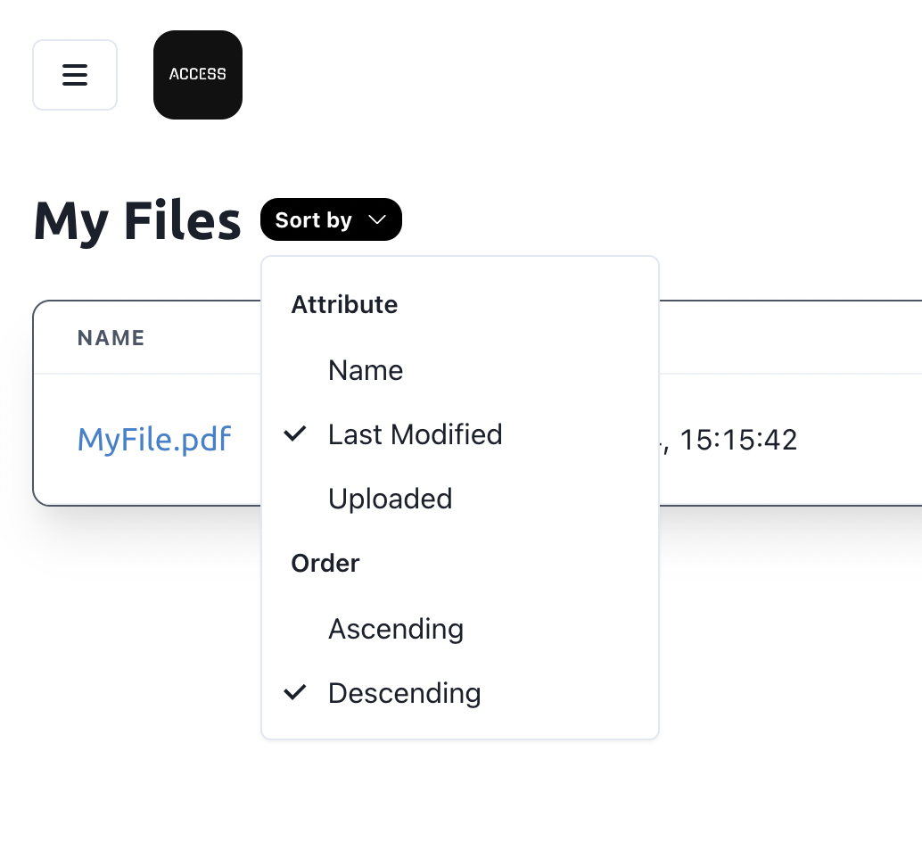 A zoomed in screenshot on the popover that appears after clicking the 'Sort by' button next to the 'My Files' heading on the Access Dashboard. The popover consists of two sections, 'Attribute', which lists the available sorting attributes 'Name', 'Last Modified', and 'Uploaded'. The second section, titled 'Order', lists 'Ascending' and 'Descending' as available orders. Currently, 'Last Modified' and 'Descending' are checked, indicating that the sorting order is descending of a file's last modified date.